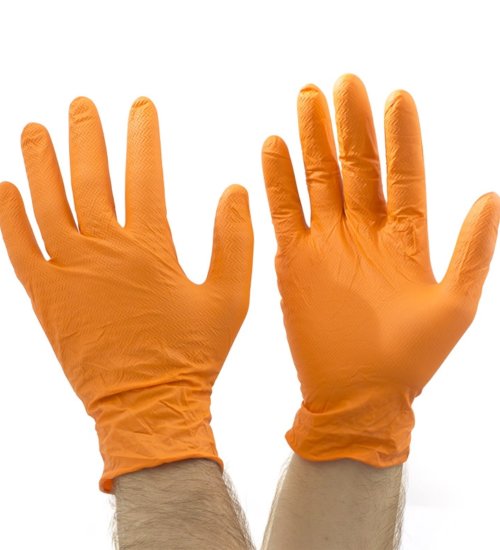 Orange gripper tyre tread grip disposable nitrile gloves - Carton 10 boxes (1000 gloves)